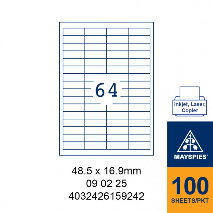 MAYSPIES 09 02 25 LABEL FOR INKJET / LASER / COPIER 100 SHEETS/PKT WHITE 48.5X16.9MM